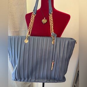 Pleated Slate Blue Tote with Gold Chain Handles